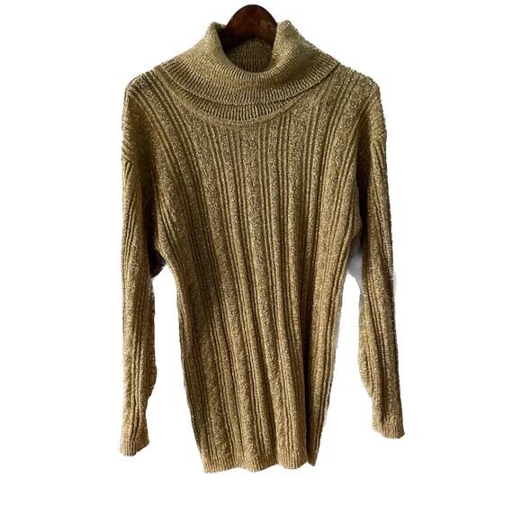 Vintage gold metallic sparkle ribbed knit turtleneck tunic sweater size medium M - Picture 7 of 7